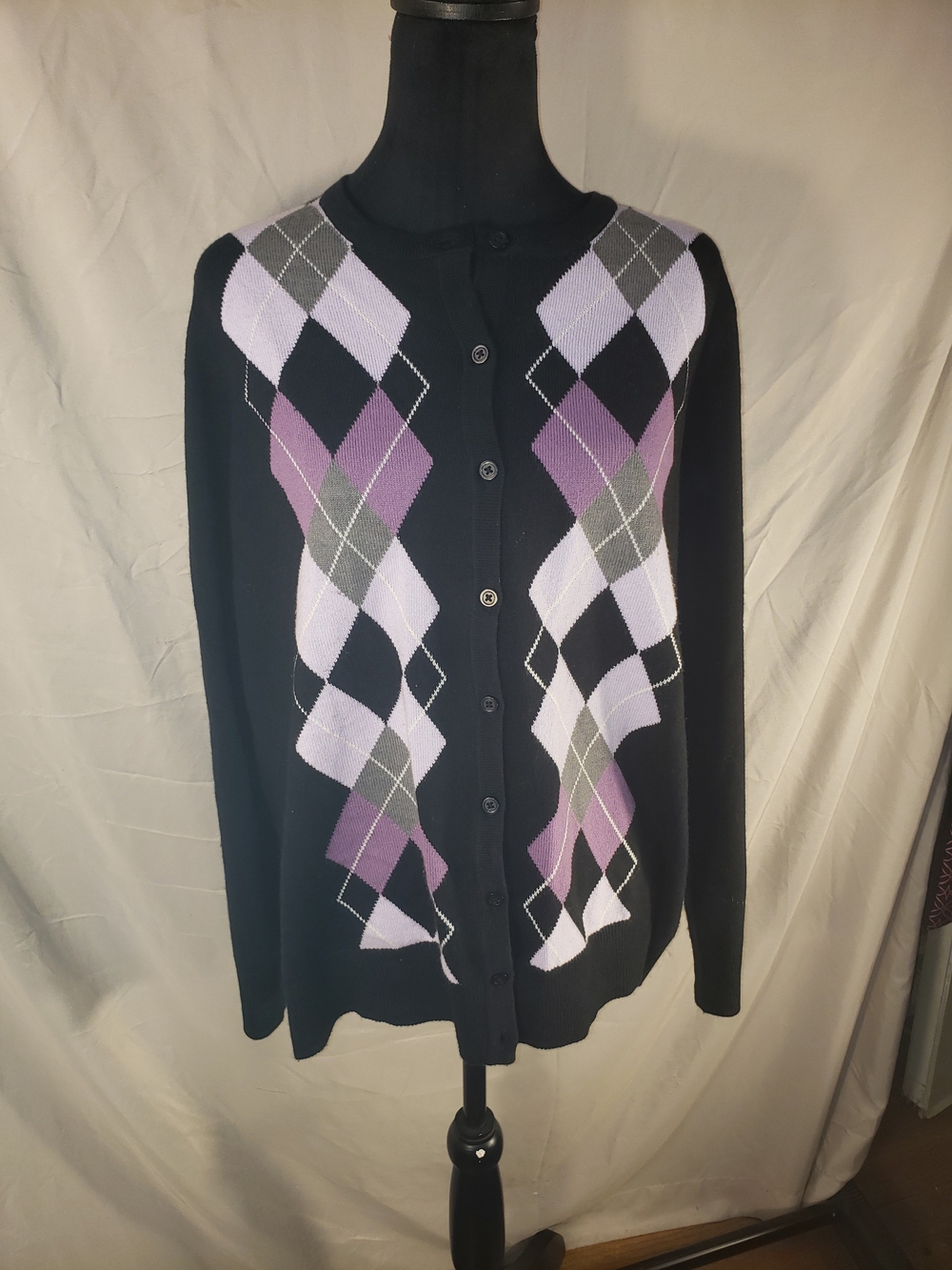croft & barrow Black Cardigan with Purple and Gray Argyle - XL